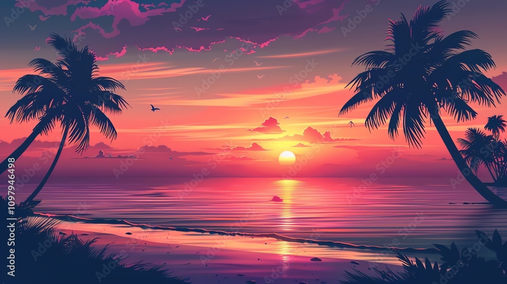 A digital illustration of a pink and orange sunset over the ocean with palm trees. A digital illustration of a pink and orange sunset over the ocean with palm trees.