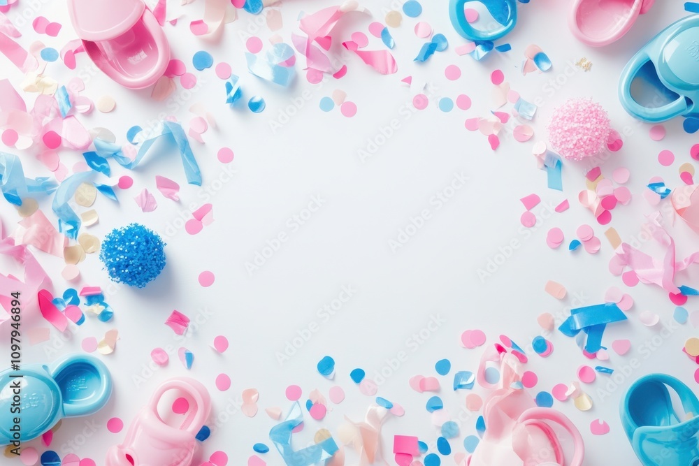 A creative flat lay of gender reveal party supplies, including pink and blue pacifiers, baby shoes, and confetti, on a blank white background with room for text, perfect for commercial advertisements. A creative flat lay of gender reveal party supplies, including pink and blue pacifiers, baby shoes, and confetti, on a blank white background with room for text, perfect for commercial advertisements.