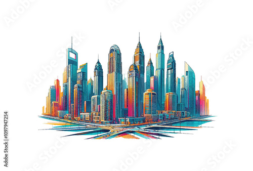 Colorful drawing of Modern cityscape buildings of United Arab Emirates.
