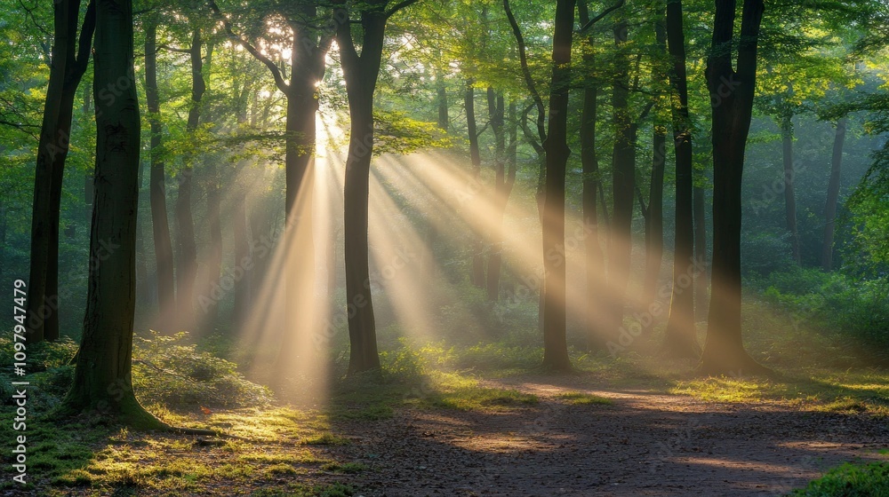 Sunbeams Illuminate Misty Forest Path Sunbeams Illuminate Misty Forest Path