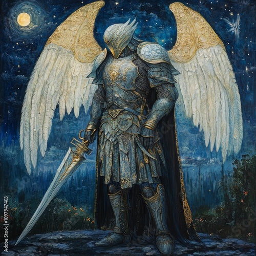 Winged armored figure, sword, night scene.