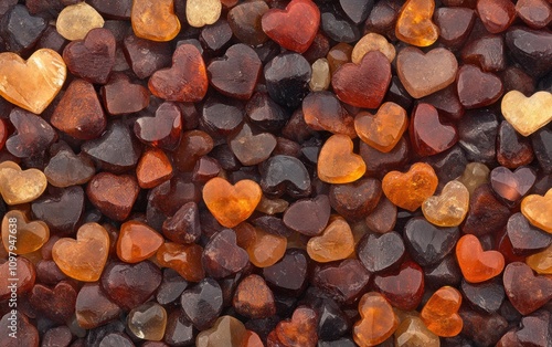 A Colorful Collection of Heart-Shaped Amber Stones Displayed on a Dark Surface, Showcasing Unique Textures and Vivid Natural Colors for Decorative Purposes
