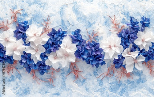 Delicate Paper Flowers Displayed on Blue Textured Background with Artistic Arrangement of White and Blue Floral Elements Highlighting Craftsmanship