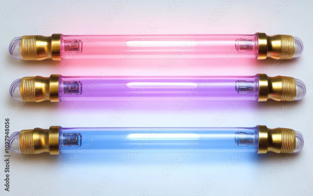 Colorful Neon Light Tubes in Pink, Purple, and Blue with Gold Caps, Perfect for Party Decor, Artistic Displays, and Vibrant Modern Home Design Colorful Neon Light Tubes in Pink, Purple, and Blue with Gold Caps, Perfect for Party Decor, Artistic Displays, and Vibrant Modern Home Design