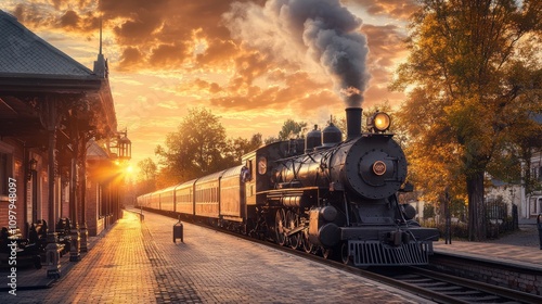 A vintage steam train at a station during sunset, evoking nostalgia and travel.