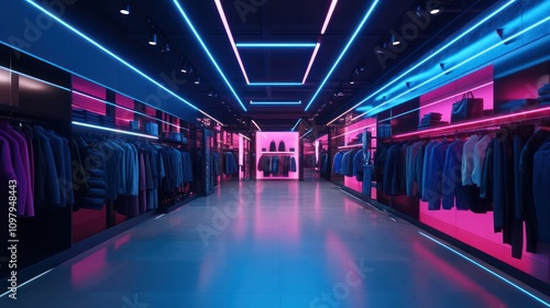 Neon-lit clothing boutique interior.