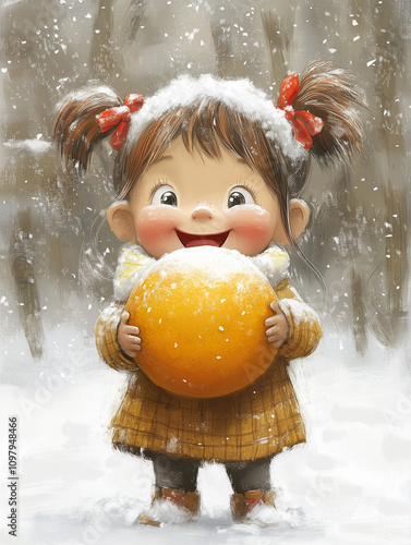 Little cheerful red-haired girl eating an orange. illustration.