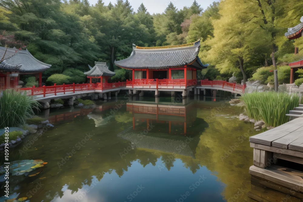 A traditional Chinese pavilion reflected in a serene pond, surrounded by lush greenery and ancient architecture A traditional Chinese pavilion reflected in a serene pond, surrounded by lush greenery and ancient architecture