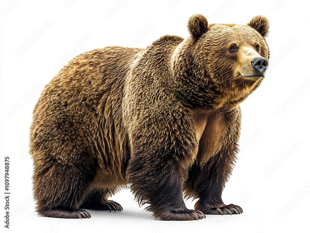 Fototapeta premium Large Plump Brown Bear Scratching Its Back Against Invisible Tree on White Background