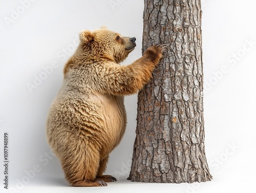 A large plump bear scratches its back against an invisible tree trunk with its massive belly hanging low on a white background photo