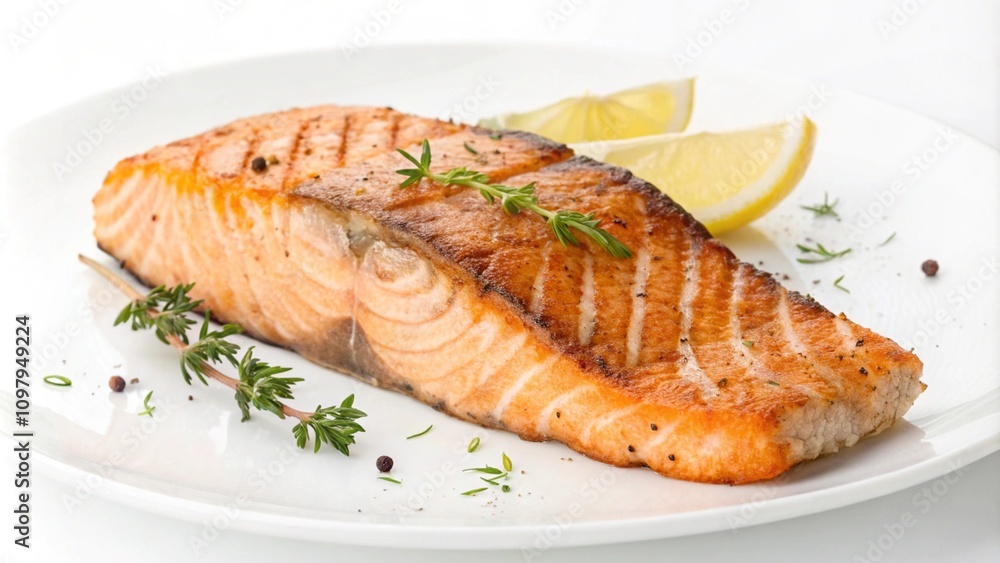 Grilled salmon steak with lemon isolated on white background. Clipping path. Macro food Grilled salmon steak with lemon isolated on white background. Clipping path. Macro food