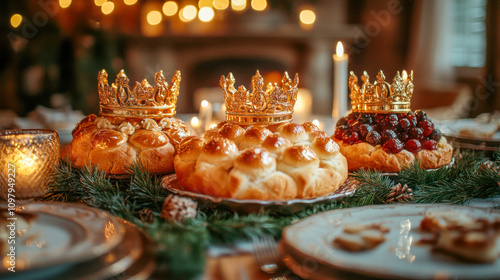 Traditional epiphany feast with kings' crowns and festive bread at candlelit table photo