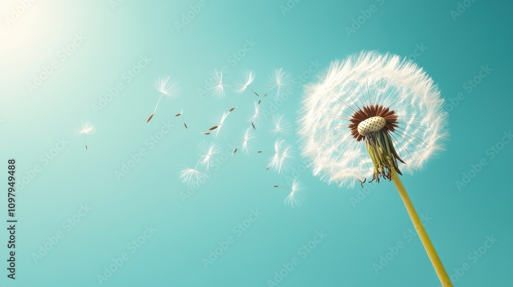 Fototapeta premium Dandelion with seeds blowing away in the wind across a clear blue sky