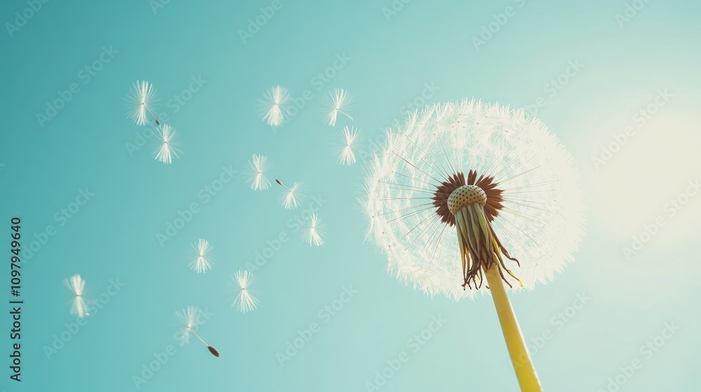 Fototapeta premium Dandelion with seeds blowing away in the wind across a clear blue sky