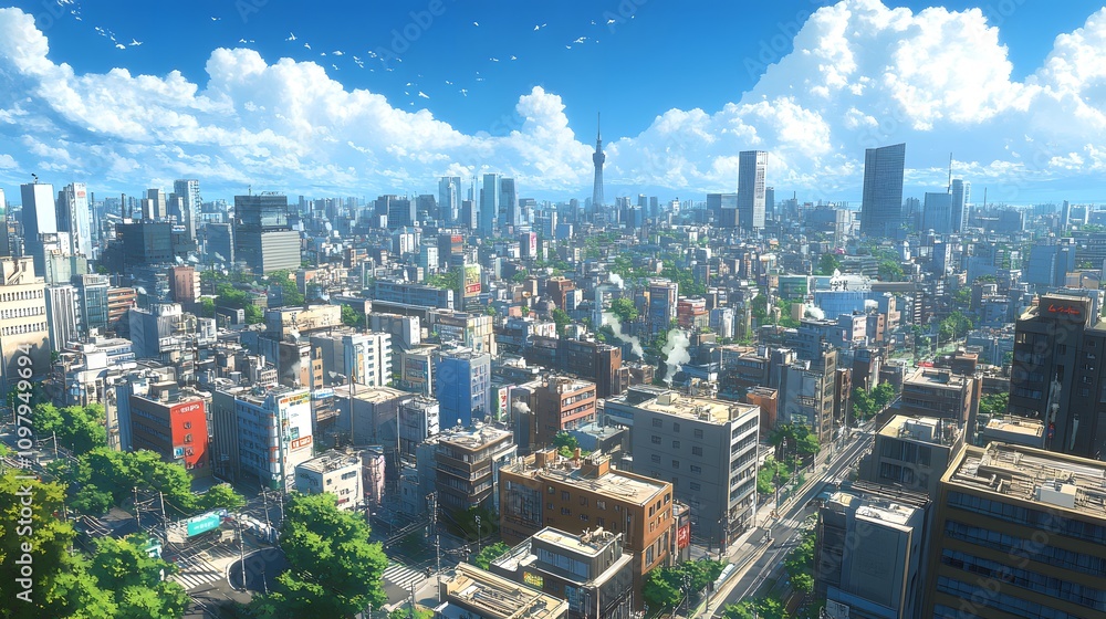 Fototapeta premium A vibrant cityscape featuring bustling streets and modern skyscrapers under blue skies.