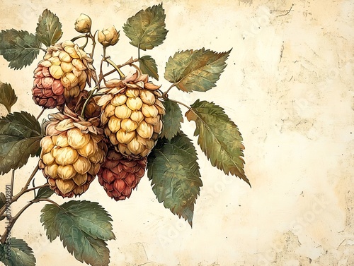 Vintage Inspired Craft Brewery Logo with Hand Drawn Hops and Barley in Earthy Tones