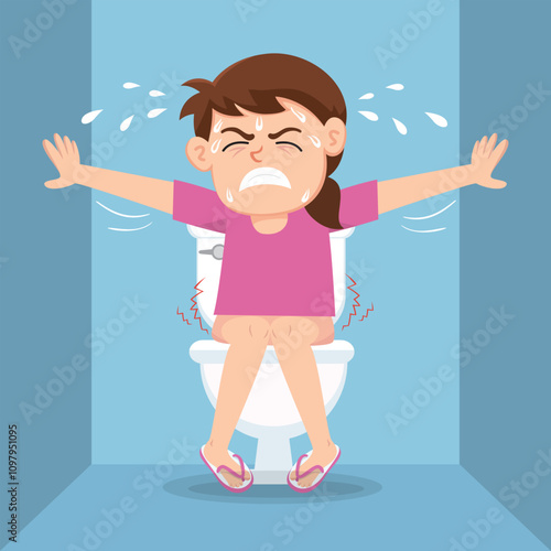 Woman Sitting On Toilet Pain Poop. Painful Defecation, Hard Poop. Flat, Vector, Illustration, Cartoon, EPS10.   