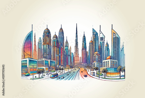 Colorful drawing of Modern cityscape buildings of United Arab Emirates.