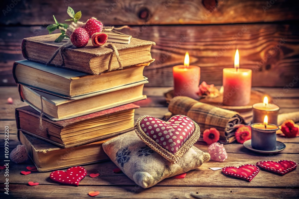 Romantic Table Arrangement Featuring Old Books and Handcrafted Textile Hearts, Evoking a Cozy and Nostalgic Atmosphere Perfect for Lovers or Book Enthusiasts Romantic Table Arrangement Featuring Old Books and Handcrafted Textile Hearts, Evoking a Cozy and Nostalgic Atmosphere Perfect for Lovers or Book Enthusiasts