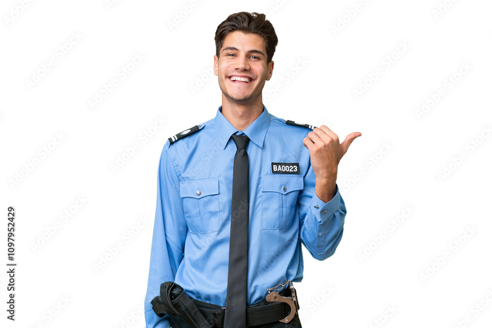 Young police man over isolated background pointing to the side to present a product Young police man over isolated background pointing to the side to present a product
