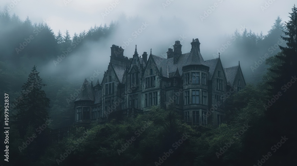 Mysterious foggy mansion in woods.