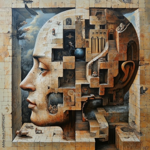 Stone head, internal labyrinthine city, surreal art. photo