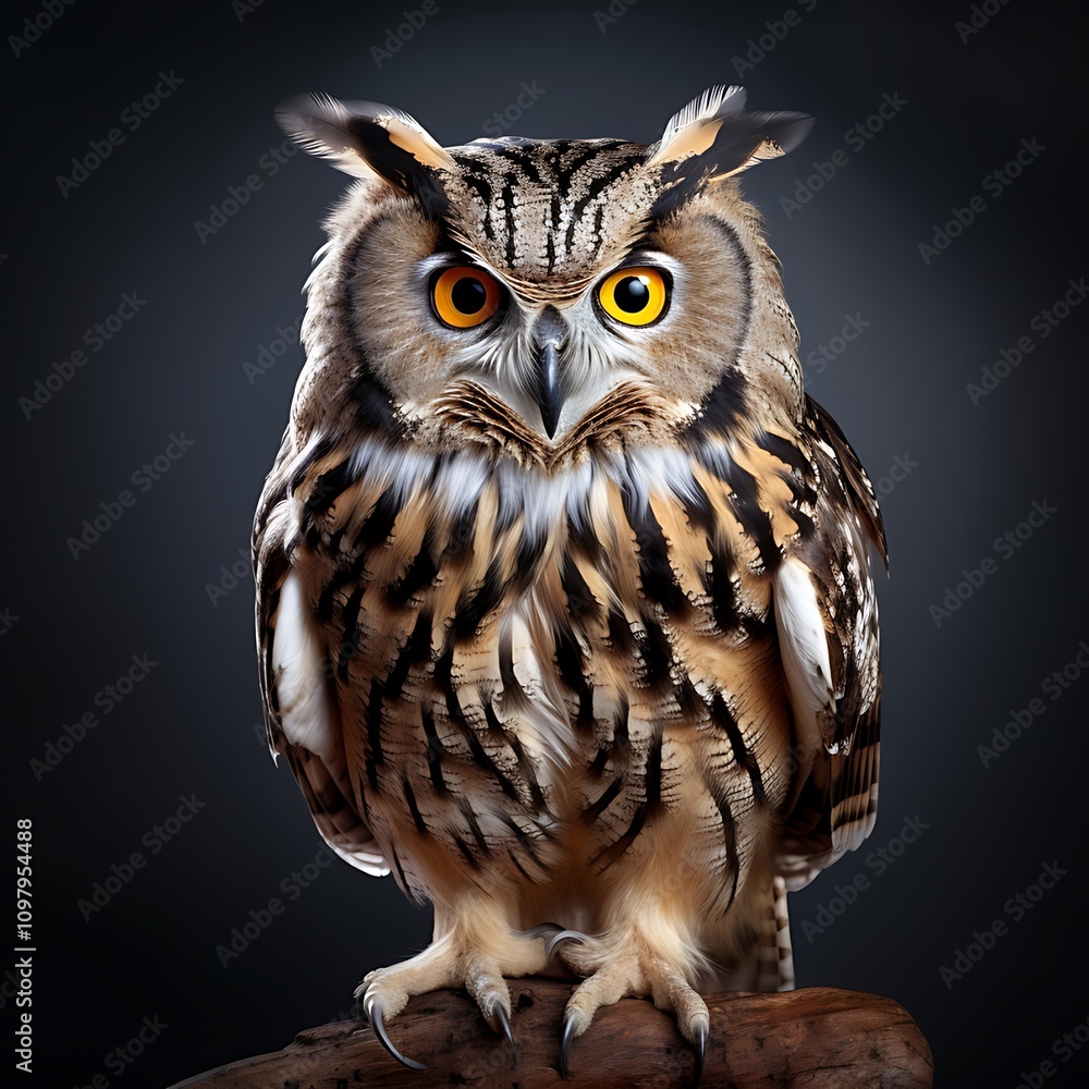 Obraz premium A majestic owl perched gracefully against a plain white backdrop. 