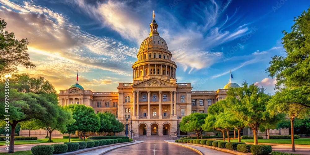 Fototapeta premium Scenic View of the Texas State Capitol Building and Capitol Extension Rotunda in Austin, Showcasing Architectural Grandeur and Historical Significance Against a Clear Blue Sky
