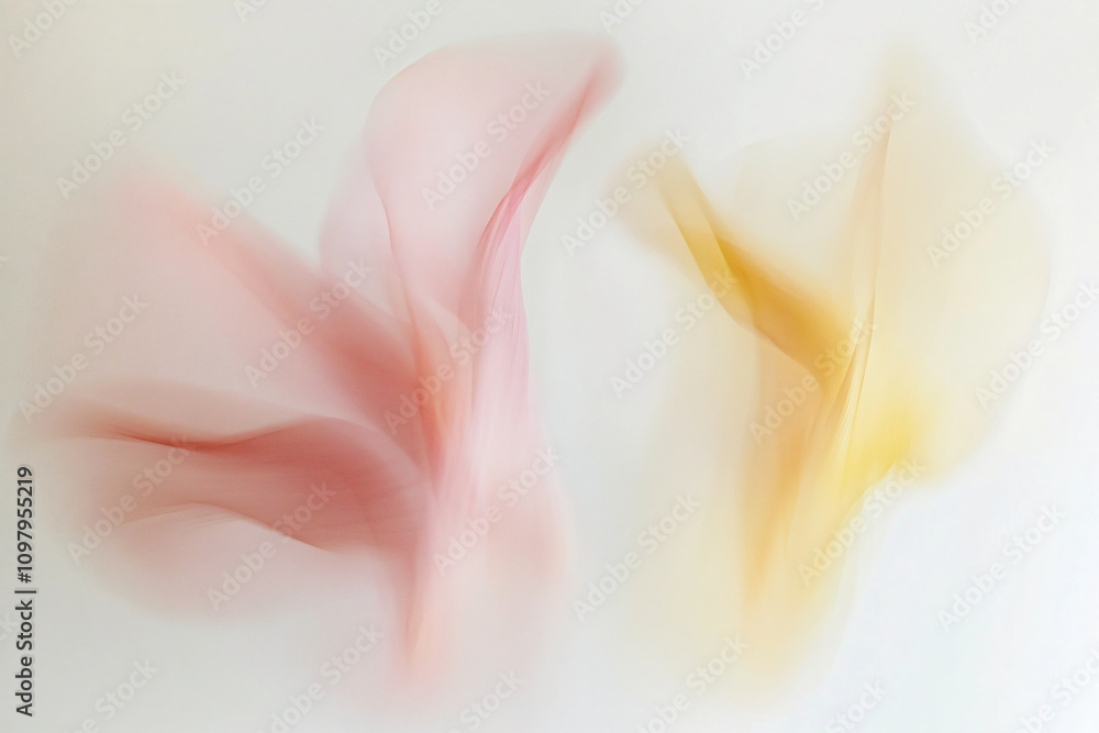 Fototapeta premium Airy motion blurred flower petals or colored fabric pink and peach on a white background. Noisy grainy trendy backdrop template for backdrops and wallpapers with copy space with copyspace
