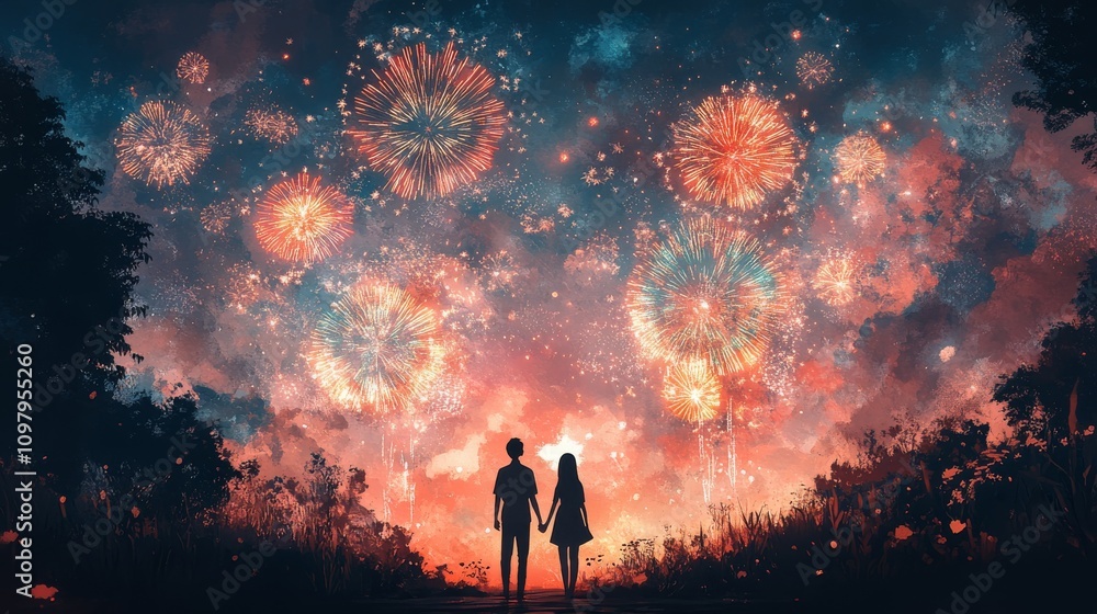Red fireworks light up a cityscape where two people observe, perfect for New Years or celebration themed design projects Red fireworks light up a cityscape where two people observe, perfect for New Years or celebration themed design projects