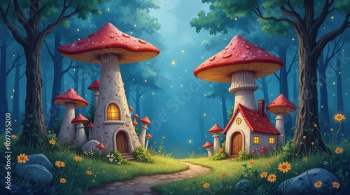 A Fairy Village Nestled Amongst Giant Mushrooms