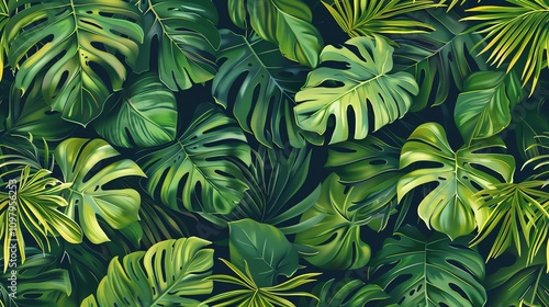 A background of tropical green leaves.