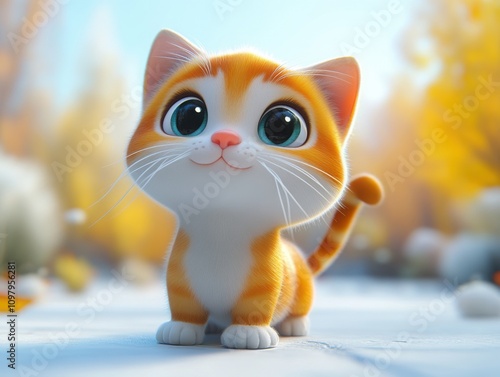 Cute cartoon cat with big eyes and fluffy fur on a pristine white background in stunning 3D style