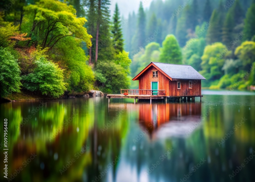 Serene Boathouse Reflections on a Rainy Day with Tilt-Shift Photography Capturing Nature's Tranquility in a Miniature World Serene Boathouse Reflections on a Rainy Day with Tilt-Shift Photography Capturing Nature's Tranquility in a Miniature World