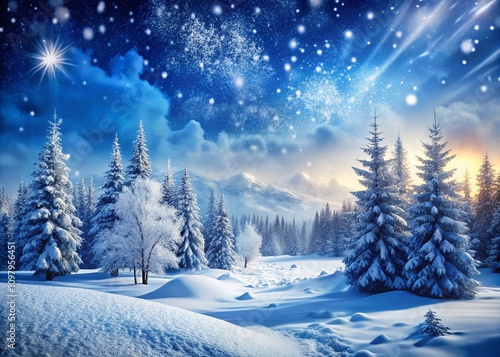 Serene Blue Winter Landscape with Large Snowflakes Gently Falling on a Tranquil Scene, Capturing the Essence of a Peaceful Winter Wonderland in Nature's Embrace