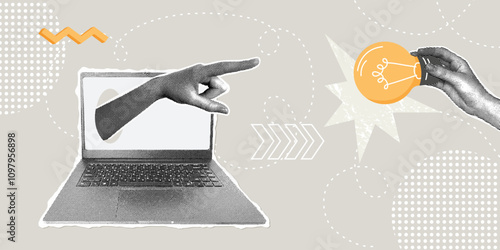 Trendy halftone collage Concept of online education,remote work, discussion, correspondence, brainstorming, new ideas. Notebook with hand and light bulb idea. Smart thinking and brainstorming. Modern