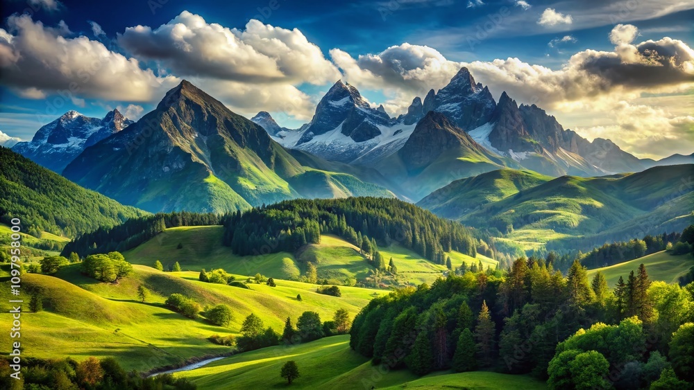 Fototapeta premium Serene Landscape with Isolated Mountain Peaks Surrounded by Lush Green Valleys and Clear Blue Sky Reflecting Tranquility and Natural Beauty in a Remote Location