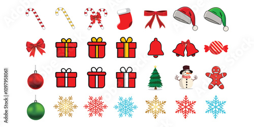 Christmas elements set icons design. Christmas collection of bells, nutcracker, cookies, showman, drums, mitten, candy, sock, tree