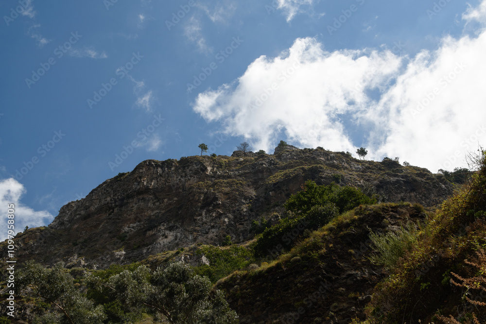 view of the mountains from the trail leading to Curral das Freiras (The Valley of the Nuns), Madeira, Portugal