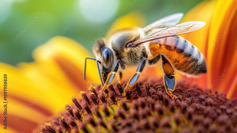 Naklejka premium Honey bee gathering pollen on vibrant flower in blurred background