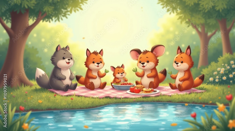 Fototapeta premium Animal Friends Enjoying a Picnic by a Spa