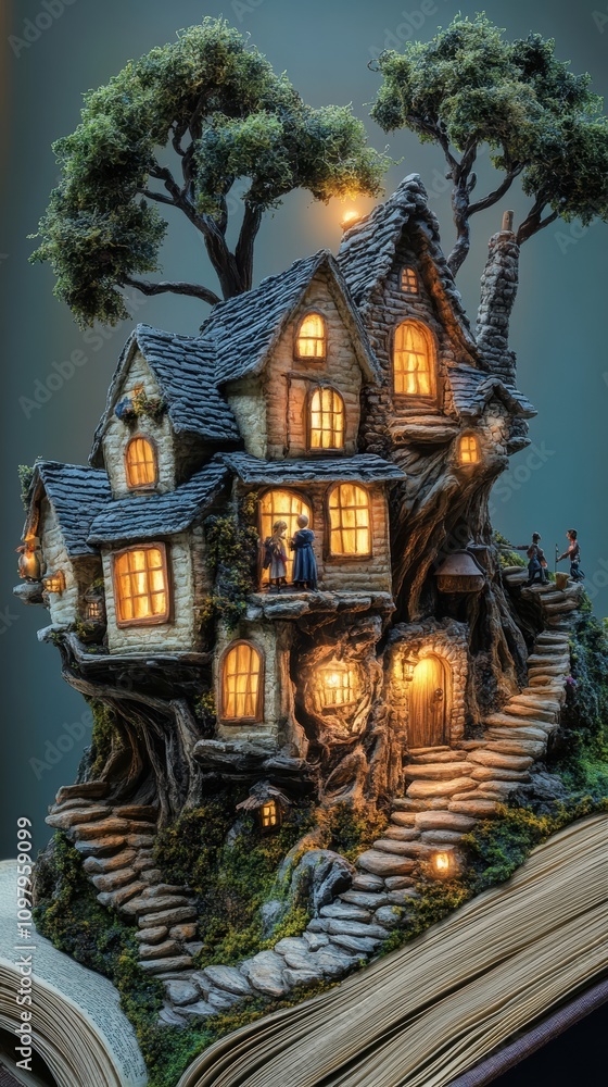 Obraz premium Miniature village emerges from open storybook with glowing windows