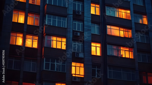 A close-up shot of a tall apartment building at night, showcasing the warm glow of the windows illuminating the dark facade. The image symbolizes urban life, community, home, and the rhythm of daily l