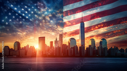 Sunset skyline view of New York City with American flag overlay