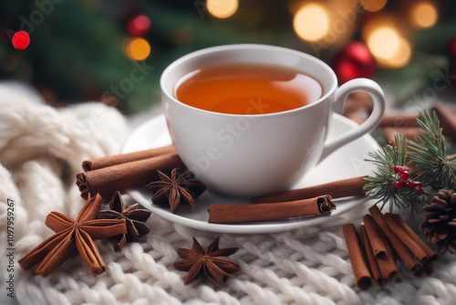 Wallpaper Mural Christmas composition with a cup of tea spices on a knitted element christmas drink background Torontodigital.ca