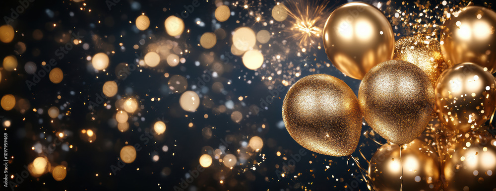 Golden glitter balloons and sparkling fireworks on a dark festive background, ideal for New Year parties, celebrations, and events. Golden glitter balloons and sparkling fireworks on a dark festive background, ideal for New Year parties, celebrations, and events.