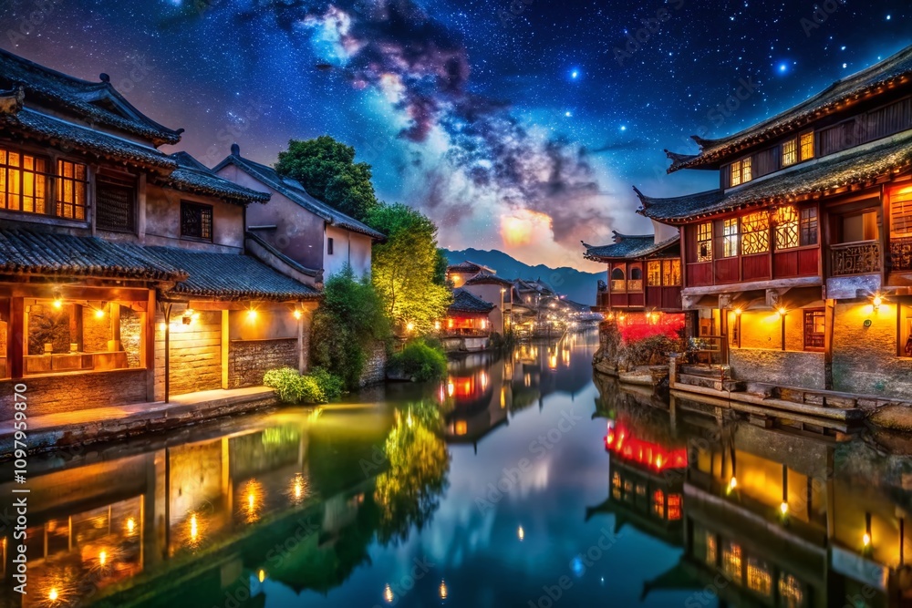 Obraz premium Serene Night in a Chinese Village: A Low Light Painting Capturing Tranquil Scenes of Lanterns, Water Reflections, and Traditional Architecture Under a Starry Sky