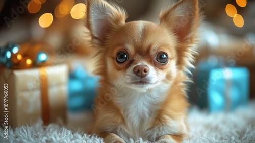 A charming chihuahua puppy rests beside colorful birthday presents, surrounded by a light and festive background that enhances its cuteness.