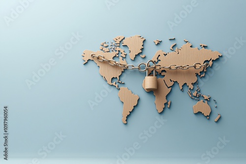 A wooden world map adorned with a heavy padlock, representing the balance between security, protection, and the limitations of travel restrictions.