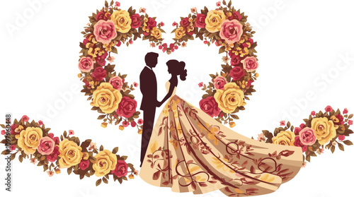 A romantic silhouette illustration of a bride and groom 
